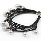 Multi Strands White Freshwater Pearl and Garnet Bracelet with Leather Cord