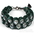 Muoti Style Clear Crystal ja Dark Green Velvet Ribbon Kudotut Bold Rannekoru Jatkettava Chain