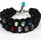 Fashion Style Multi Color Crystal and Black Velvet Ribbon Woven Bold Bracelet with Extendable Chain