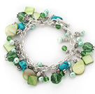 Assorted Green Freshwater Pearl Crystal and Green Shell and Turquoise Bracelet with Metal Chain
