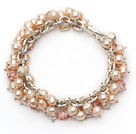 Fashion Style Natural rosa Sötvatten Pearl och rosa kristall armband med metall kedja