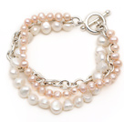 Mote Stil Multi Strand Natural hvit og rosa Freshwater Pearl armbånd med Metal Chain