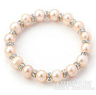 Classic Design Round Natural Pink Freshwater Pearl and Rhinestone Ring Stretch Bangle Bracelet