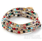 Mote Stil Multi Color Jade Crystal Woven Wrap Bangle Bracelet med Gray Wax tråden