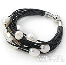 Multi Strands 11-12mm Natural White Freshwater Pearl Black Leather Bracelet with Magnetic Clasp