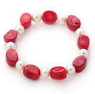 Single Strand Oval Shape Red Coral and Round White Freshwater Pearl Stretch Bangle Bracelet