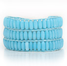 Lac Bleu Couleur Cats Eye 3 Wrap Bracelet avec Blue Ciré et fermoir Shell