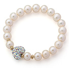A Grade Round White Freshwater Pearl and White with Colorful Heart Shape Rhinestone Stretch Beaded Bangle Bracelet