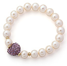 A Grade Round White Freshwater Pearl and Violet Purple Color Heart Shape Rhinestone Stretch Beaded Bangle Bracelet