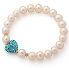 A Grade Round White Freshwater Pearl and Lake Blue Color Heart Shape Rhinestone Stretch Beaded Bangle Bracelet