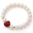 A Grade Round White Freshwater Pearl and Red Color Heart Shape Rhinestone Stretch Beaded Bangle Bracelet