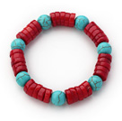 Blandade Wheel form röd korall och Rund turkos Stretch Bracelet
