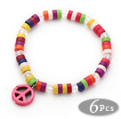 6 Pices Dyed Multi Color Wheel Shape Turquoise Stretch Bangle with Pink Peace Accessory