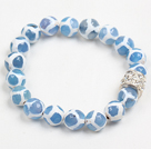 Fashion Blue White Hand-Painted Round Agate Beaded Elastic Bracelet