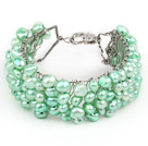 2013 Sommar Ny design ljusgrön färg Freshwater Pearl Virkade Metal Bracelet Wire Cuff