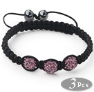 3 Pieces Round Violet Purple Rhinestone Ball and Hematite and Black Thread Woven Adjustable Drawstring Bracelets ( Total 3 Pieces Bracelets)