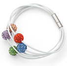 Multi Color Round 10mm Rhinestone Ball and White Leather Bracelet with Magnetic Clasp