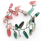 Pink ferskvannsperle og Branch Shape Cherry Quartz og Grønn Agate Wire Heklet Multi Color Bracelet
