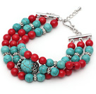 Three Strands Red Coral and Turquoise Bracelet with Extendable Chain