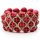 Fashion Style Dyed Red Turquoise Skull Stretch Cuff Bracelet with Yellow Color Metal Chain