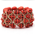Fashion Style Dyed Orange Red Turquoise Skull Stretch Cuff Bracelet with Yellow Color Metal Chain
