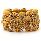 Fashion Style Dyed Lemon Yellow Turquoise Skull Stretch Cuff Bracelet with Yellow Color Metal Chain