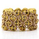 Fashion Style Dyed Yellow Color Turquoise Skull Stretch Cuff Bracelet with Yellow Color Metal Chain