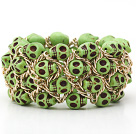 Fashion Style Dyed Apple Green Turquoise Skull Stretch Cuff Bracelet with Yellow Color Metal Chain