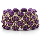 Fashion Style Dyed Purple Turquoise Skull Stretch Cuff Bracelet with Yellow Color Metal Chain