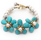 Elegant Style White Freshwater Pearl and Turquoise Flower Bracelet
