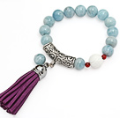 fashion natural round aquamarine white sea shell and tibet silver tube charm bracelet with purple tassels