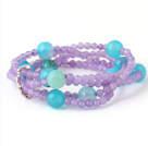 Pretty Multilayer Round Purple Jade And Blue Series Agate Beaded Stretch Bracelet