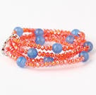 Mode Multilayer runda blå agat och Konstgjort Orange Röd Beaded Stretch Bracelet