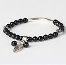 Fashion Faceted Round Black Agate And Tibet Silver Tube Heart Leaf Charm Beads Bracelet