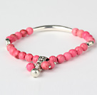 Nice Round Pink Turquoise And Tibet Silver Tube Heart Charm Beads Bracelet
