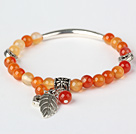 Fashion Round Red Agate And Tibet Silver Tube Heart Leaf Charm Beaded Bracelet