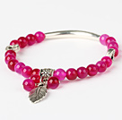 Trevlig runda rosa agat och Tibet Silver Tube Heart Leaf Charm Beaded Bracelet