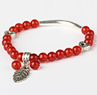 Vakker Round Red Agate Og Tibet Silver Tube Hjerte Leaf Charm Beaded armbånd