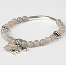 Simple Style Round Gray Agate And Tibet Silver Tube Heart Charm Beaded Bracelet