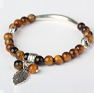 Trevlig runda Tiger Eye och Tibet Silver Tube Heart Leaf Charm Beaded Bracelet