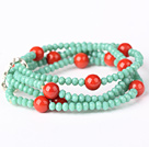 Fashion πολυστρωματικές Πολύπλευρη Πράσινη Jade κρύσταλλο And Round Red Coral Stretch βραχιόλι