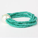 Fashion Multilayer Faceted Grüne Jade Kristall und runde weiße Muschel Perlen Stretch -Armband