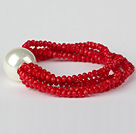 Nizza Multilayer Faceted Red Jade Kristall und runde weiße Muschel Perlen Stretch -Armband