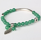 Beautiful Round Green Jade and Tibet Silver Tube Heart Leaf Charm Beads Bracelet