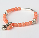 Trevlig Runda Orange Röd Jade och Tibet Silver Tube Heart Charm Beaded Bracelet