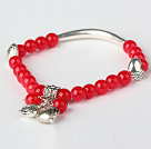 Pretty Round Red Jade and Tibet Silver Tube Heart Charm Beaded Bracelet