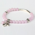 Nice Round Pink Jade and Tibet Silver Tube Heart Charm Beaded Bracelet