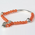 Trevlig Runda Orange Cats Eye och Tibet Silver Tube Heart Charm Beaded Bracelet