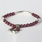 Fashion Round Purple Cats Eye and Tibet Silver Tube Heart Charm Beaded Bracelet