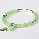 Fashion Round Apple Green Cats Eye and Tibet Silver Tube Heart Leaf Charm Beaded Bracelet